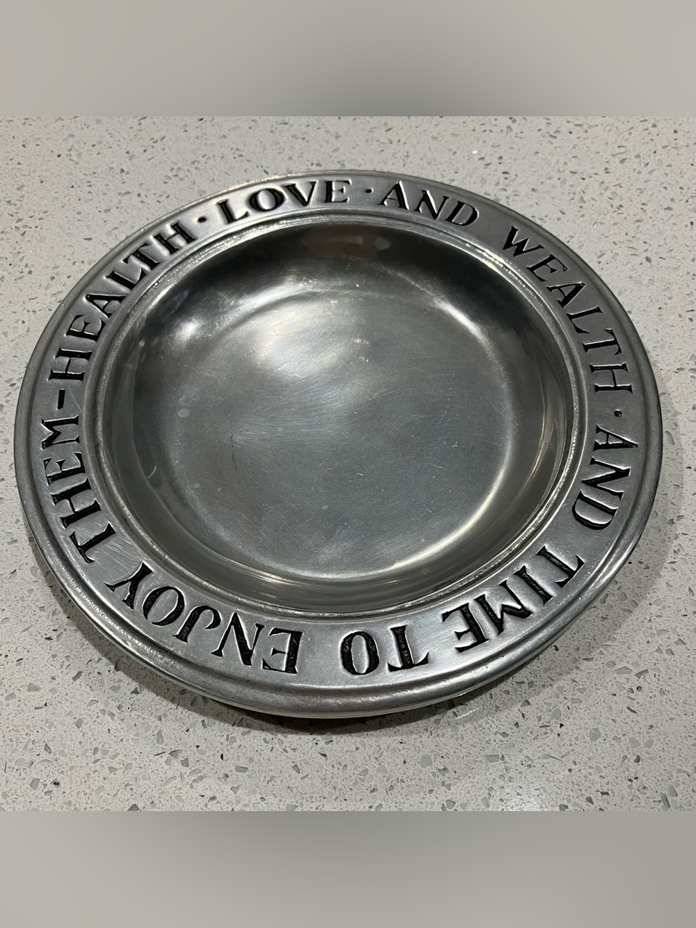 Wilton Armetale Vintage 9” Pewter Plate, Inspirational Health, Wealth, Love Text